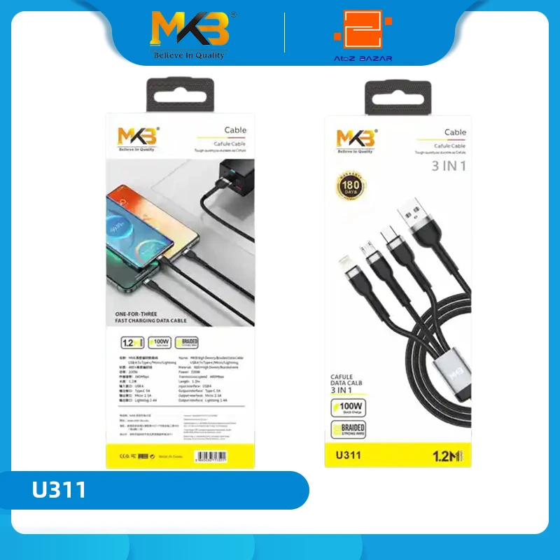 MKB UC311 3 In 1 Braided 100w Charging Cable - Image 4