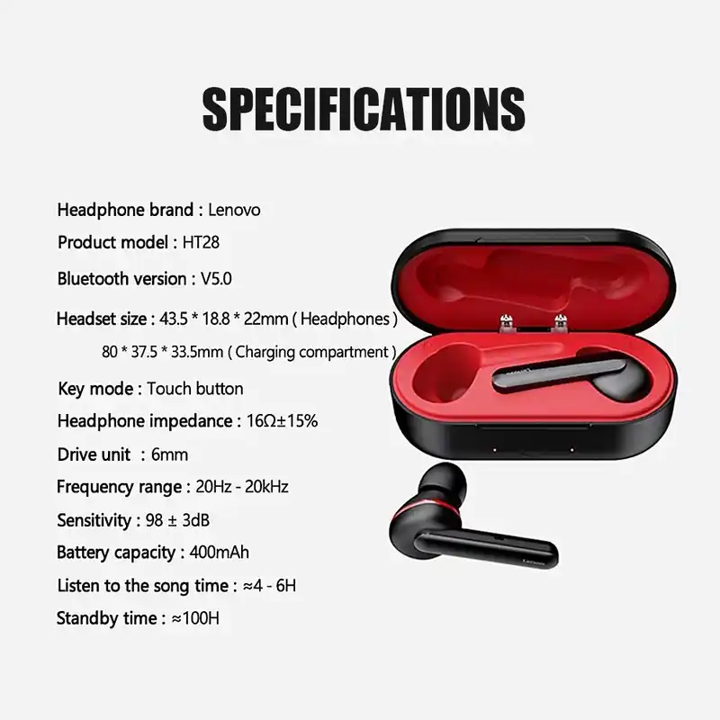 For Lenovo HT28 TWS Earbuds Bluetooth 5.0 Touch Control True Wireless Earphones HiFi Sports Headphones 3D Stereo Headset with Mic