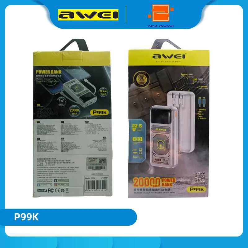 Awei P99K 20000 mAh Multiple Output Power Bank with Cables - Image 6