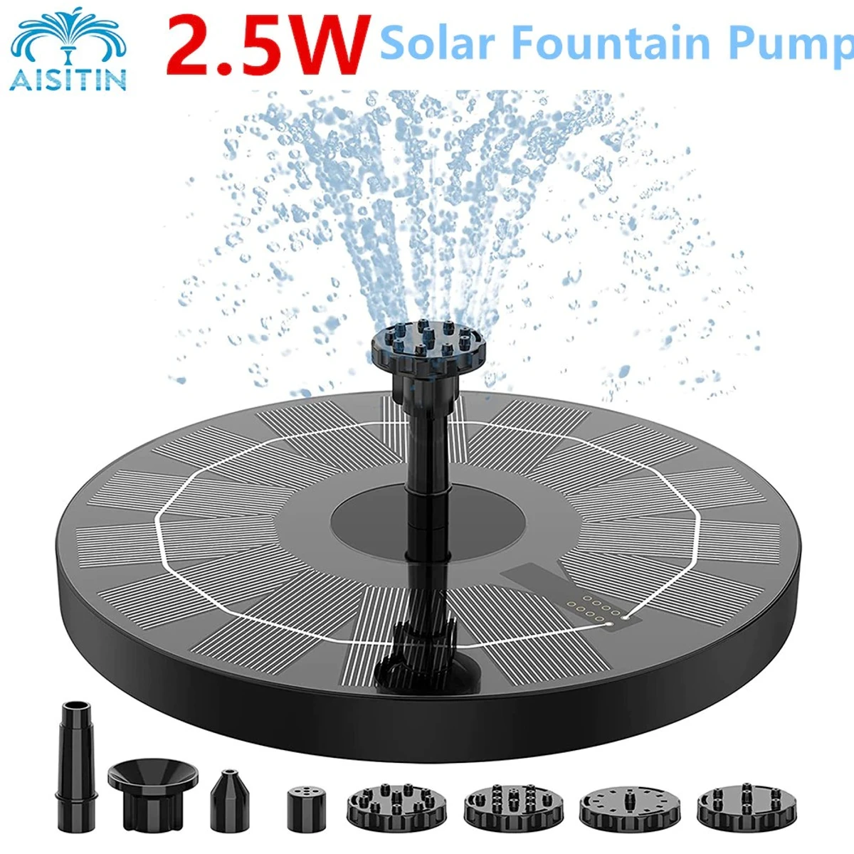 2.5W Solar Fountain Pump Solar Water Pump, AISITIN Floating Fountain with 6 Nozzles, for Bird Bath, Fish tank, Pond Indoor