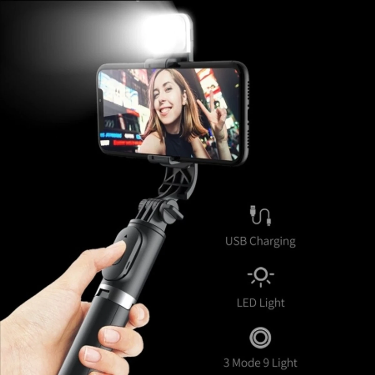Q07 Selfie Stick Foldable Mini Tripod with Fill Light Bluetooth Remote Shutter Retractable Rod for Phone (100cm)