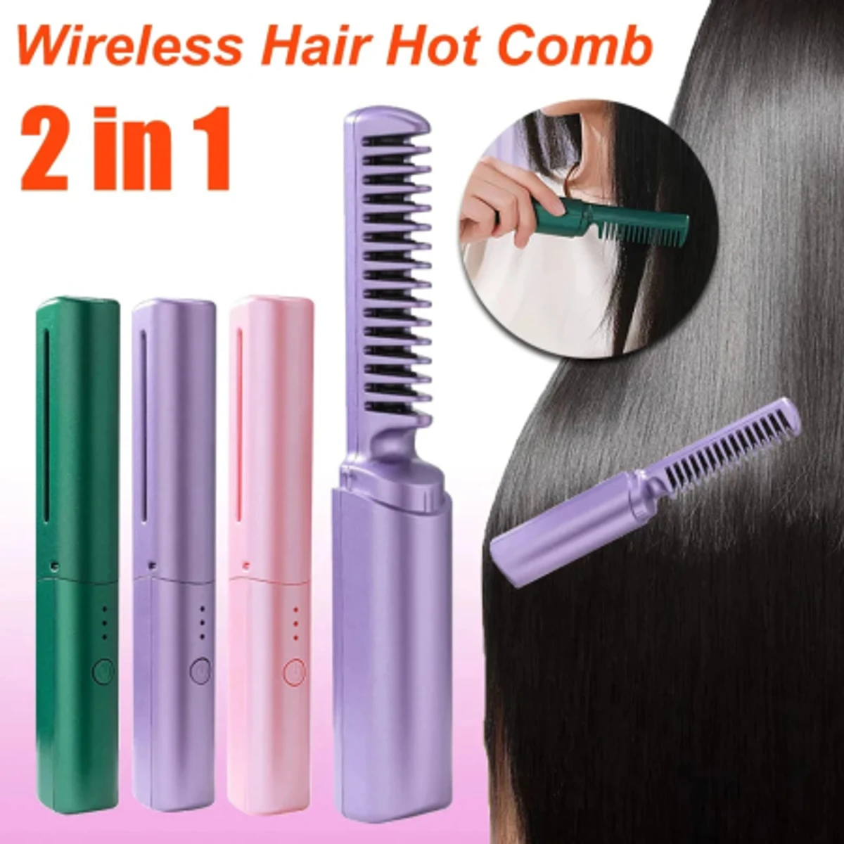 2-in-1 Mini Portable Wireless Straight Hair Comb for Curly Hair & Beard