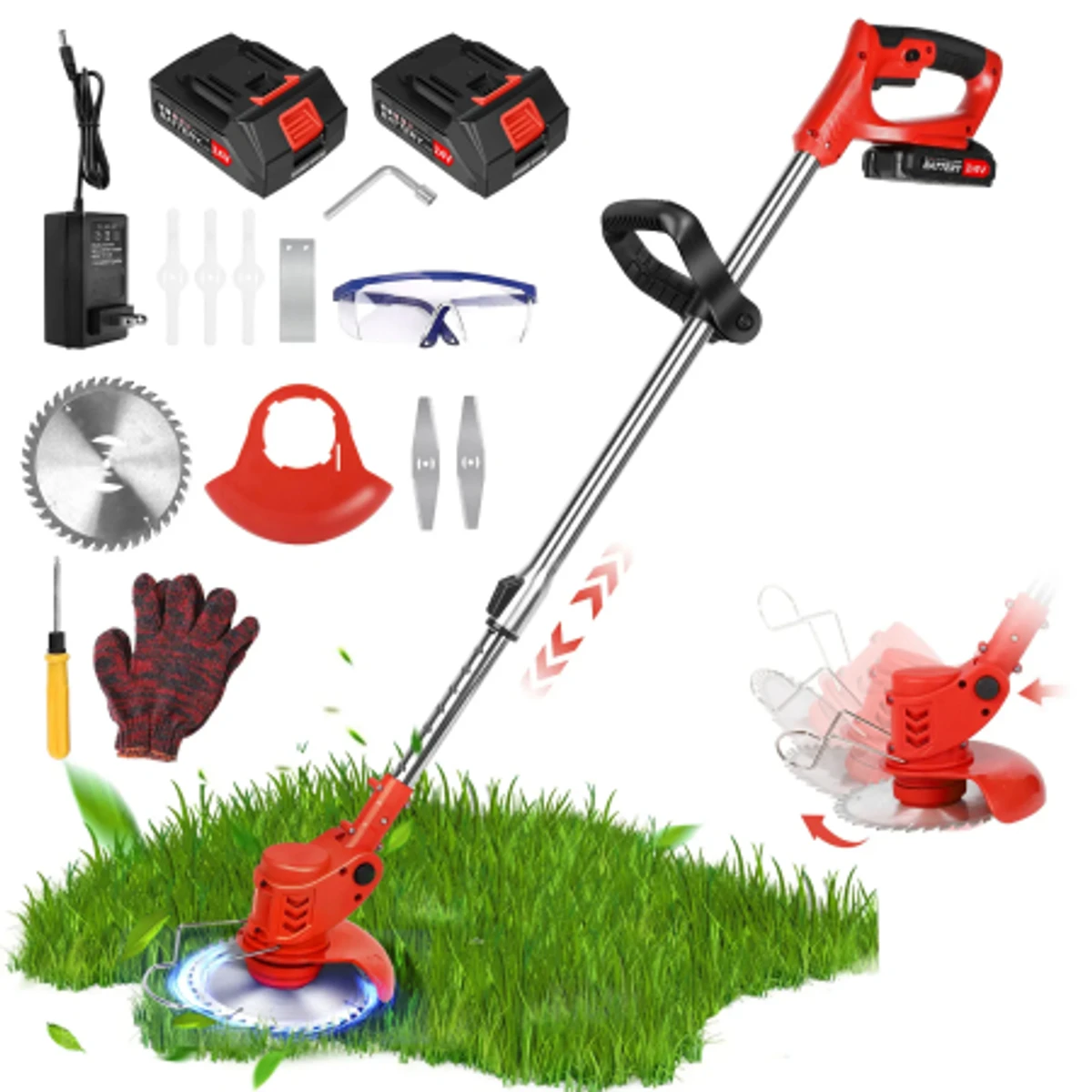 24V Cordless Grass String Trimmer 21000RPM Electric Lawn Mower Weed Adjustable Foldable Cutter Garden with 2 Battery