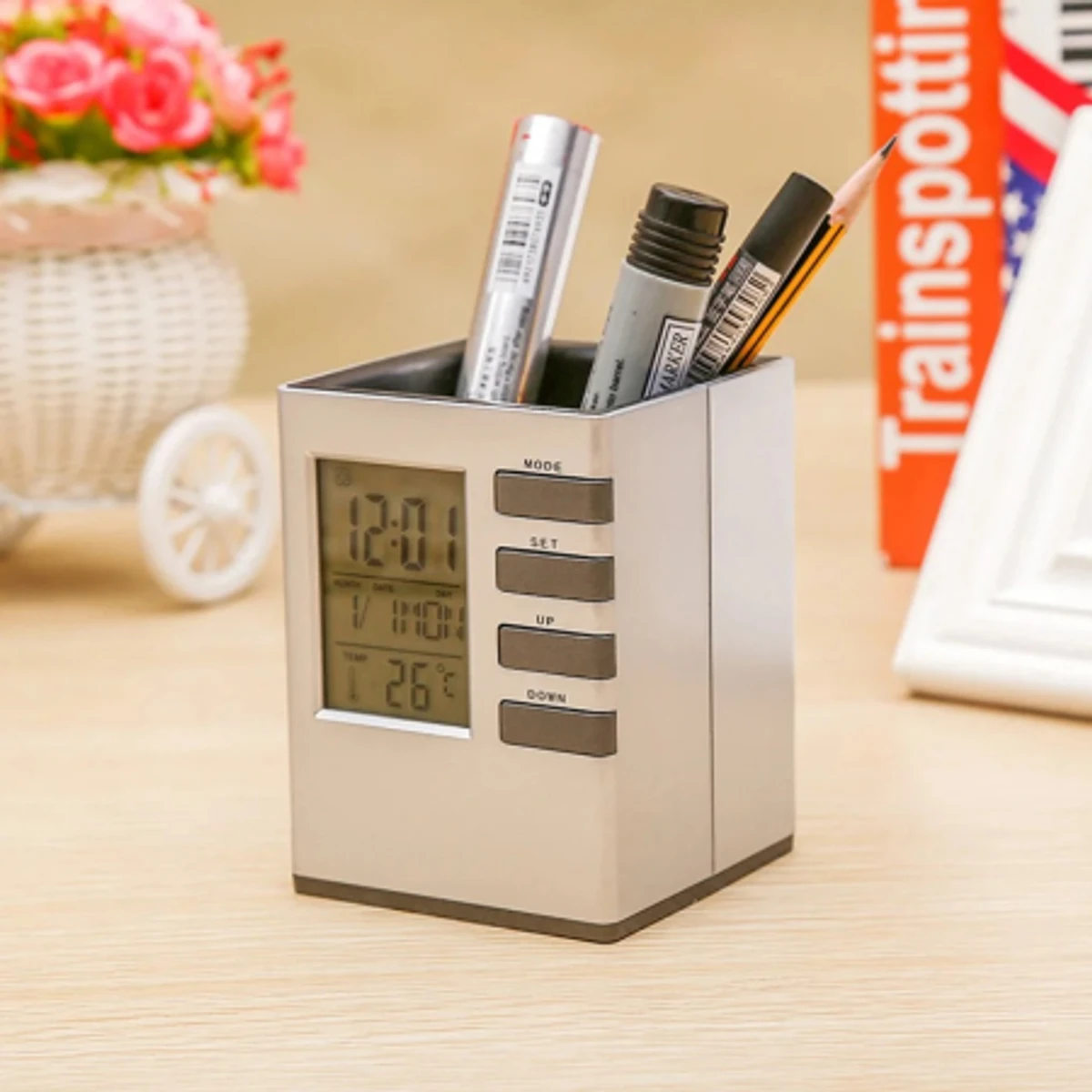 Digital Alarm Clock Pen Holder - Silver