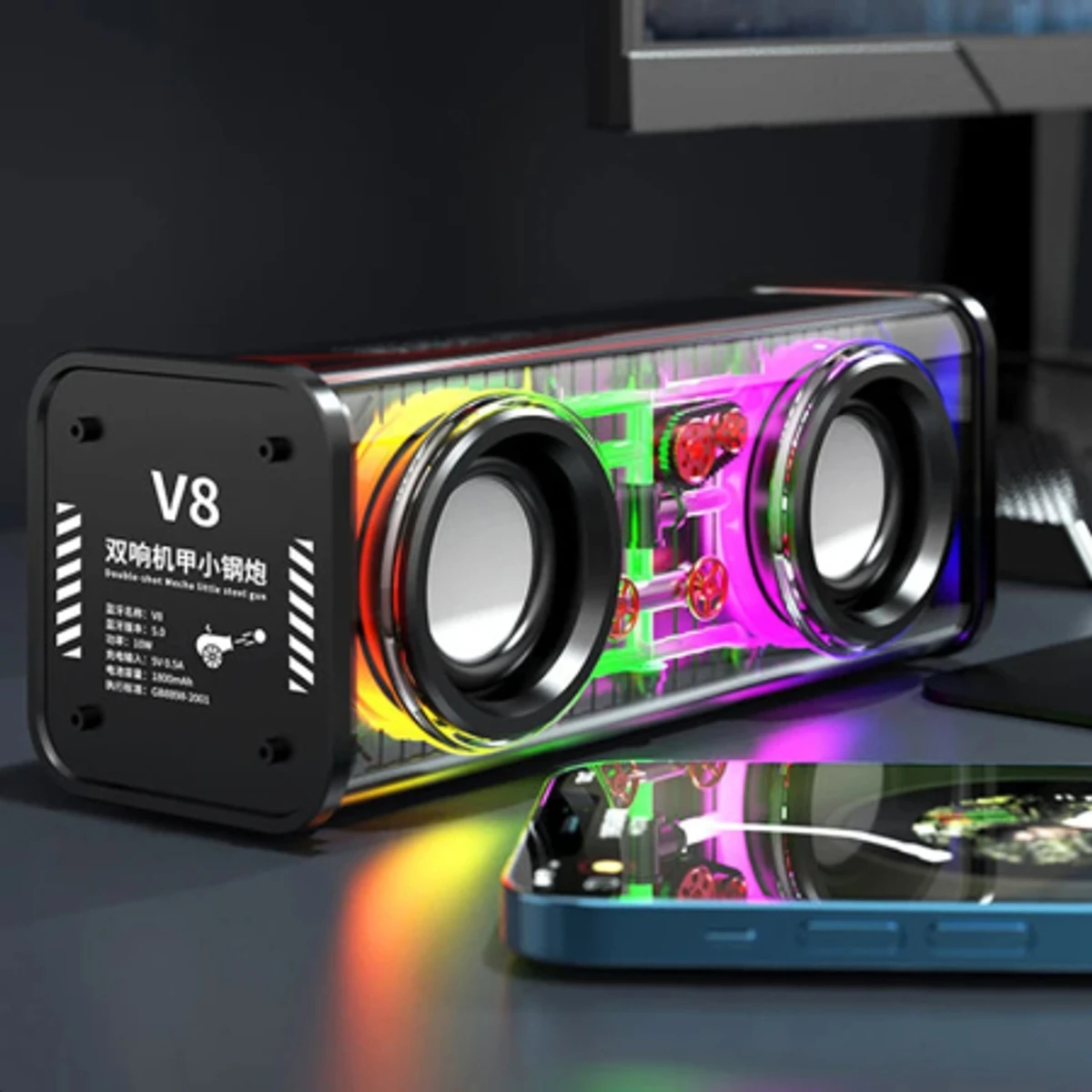 V8 Transparent RGB Light Bluetooth 5.0 Portable Wireless Speaker