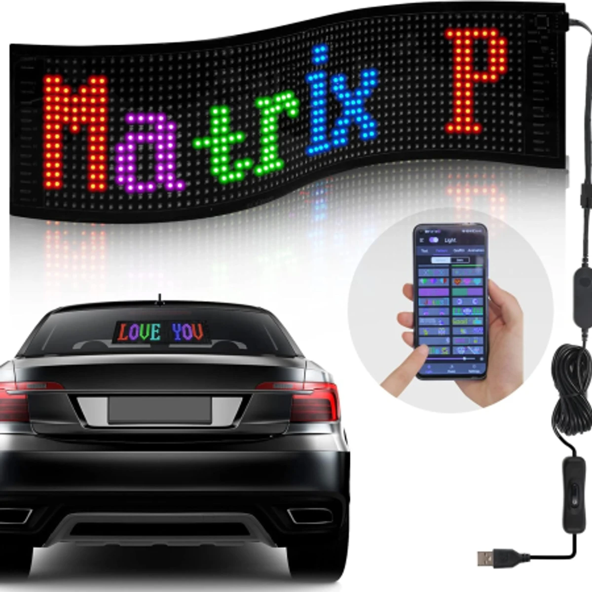 Flexible USB LED Car Sign App-controlled Car Light Sign customizable text patterns and animations Perfect for cars, stores, bars, and hotels
